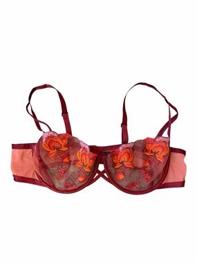 Adore Me Sheer Floral Embroidered Balconette Bra Size 42C Burgundy & Peach